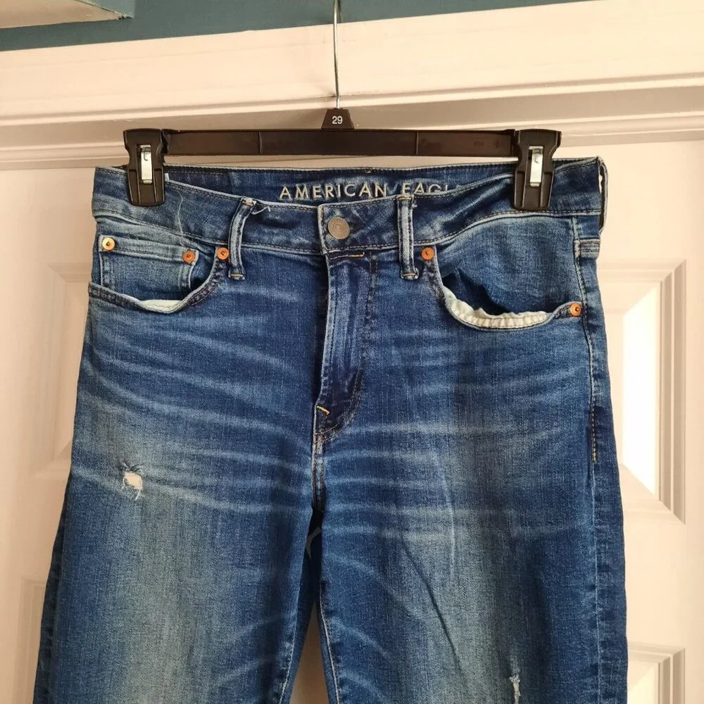 American Eagle Jeans Mens 31x30 Next Level Airflex Slim‎ Distressed Patched Rips
